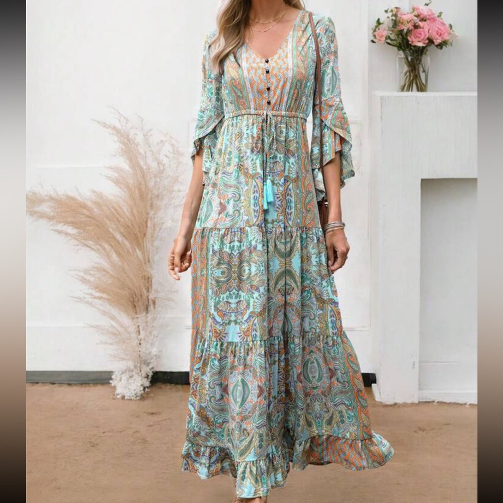 Boho Floral Print Paisley Flare Sleeve Ruffle Hem Maxi Dress - Picture 1 of 11